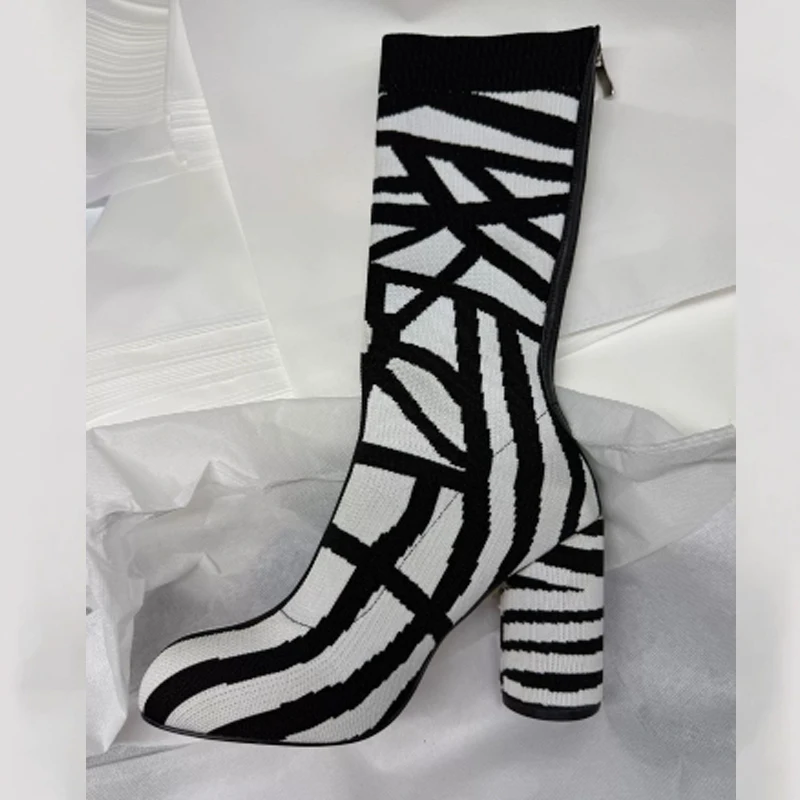Striped Knit Round Heel Elastic Mid-Calf Boots Woman Winter 2026 Zebra Print Round Toe Chunky Heel Short Boots Fashion High Heel