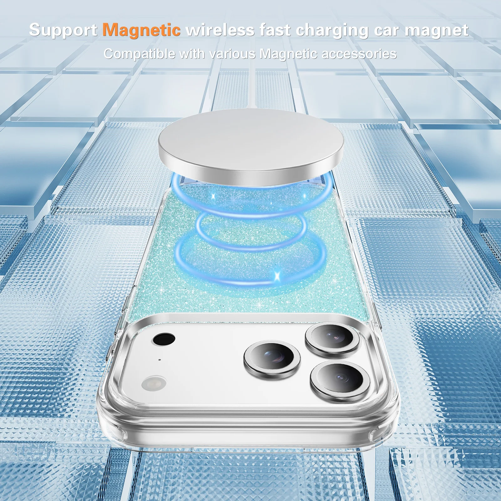 Glitter Clear For Magsafe Magnetic Phone Case for Apple iPhone 17 Air pro pro Max - Alloy Button Anti-Fall Protective Cover ﻿