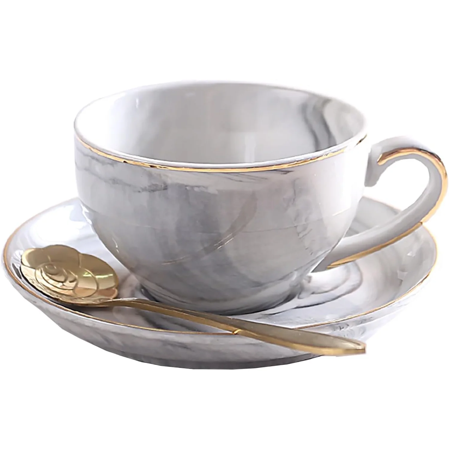 Marbled Ceramic Coffee Cup and Saucer Set, Espresso Coffee Cup with Spoon, Gold Painted Coffee Mugs Set 4oz / 120ml for Coffee,