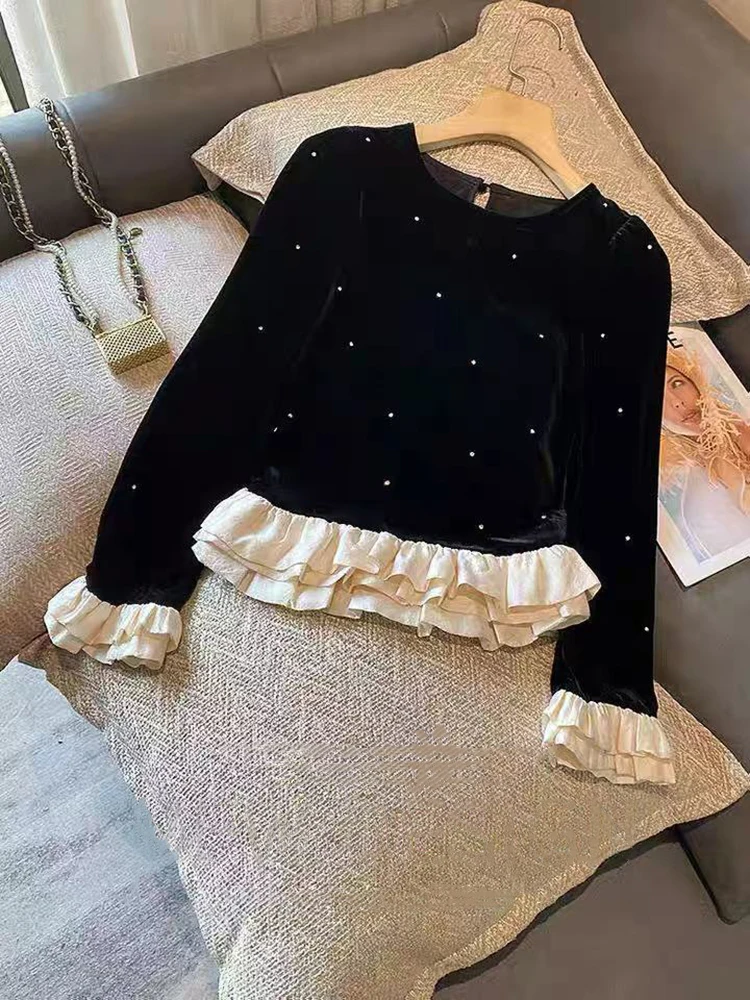 Black Velvet Patchwork Blouse Women Y2K Korean Chic Splicing Crop Tops Autumn Long Sleeve Diamond Embellished Female Shirt New