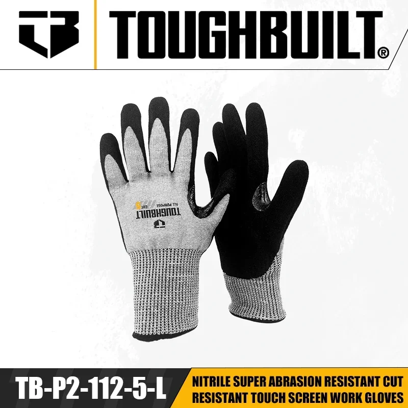 TOUGHBUILT TB-P2-112-5-L Nitrile Super Abrasion Resistant Cut Resistant Touch Screen Work Gloves Hand Protection