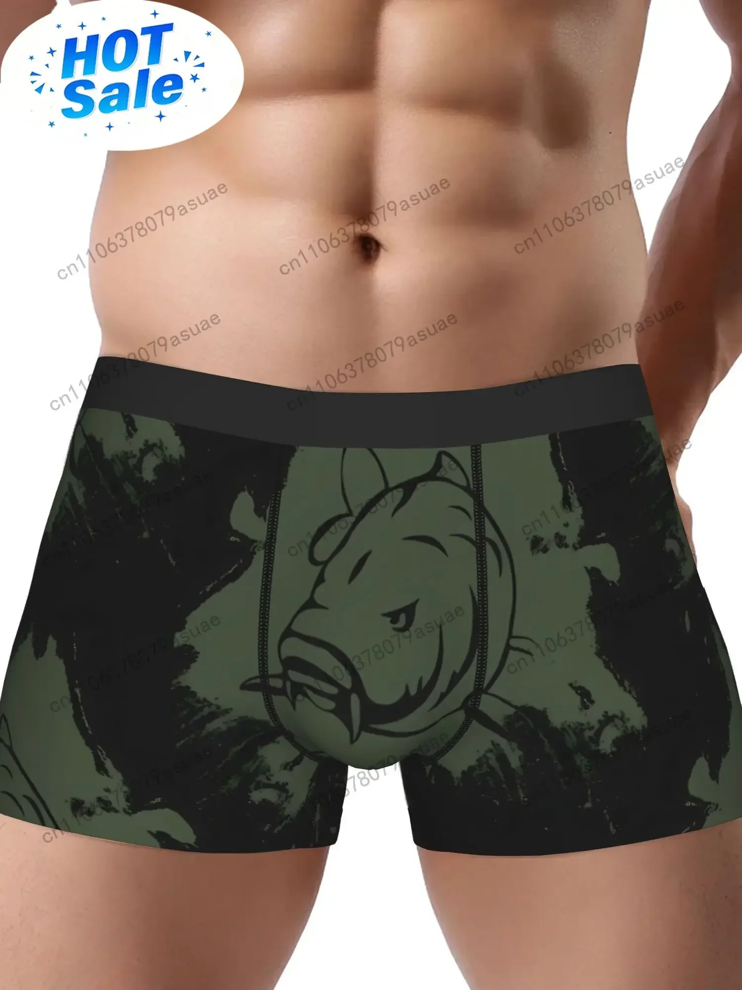 Feeder Carp Fishing Boxer Briefs Black Green Graphic Print, Medium Stretch Polyester Underwear for Men, Unique Angle Black