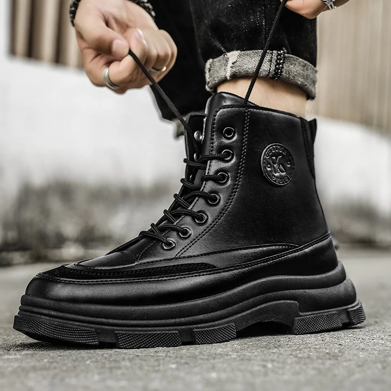 Punk Men Leather Boots Fashion Lace Up Platform Shoes Male Motorcycle Ankle Boots Party Shoes Gothic Streetwear zapatos hombre