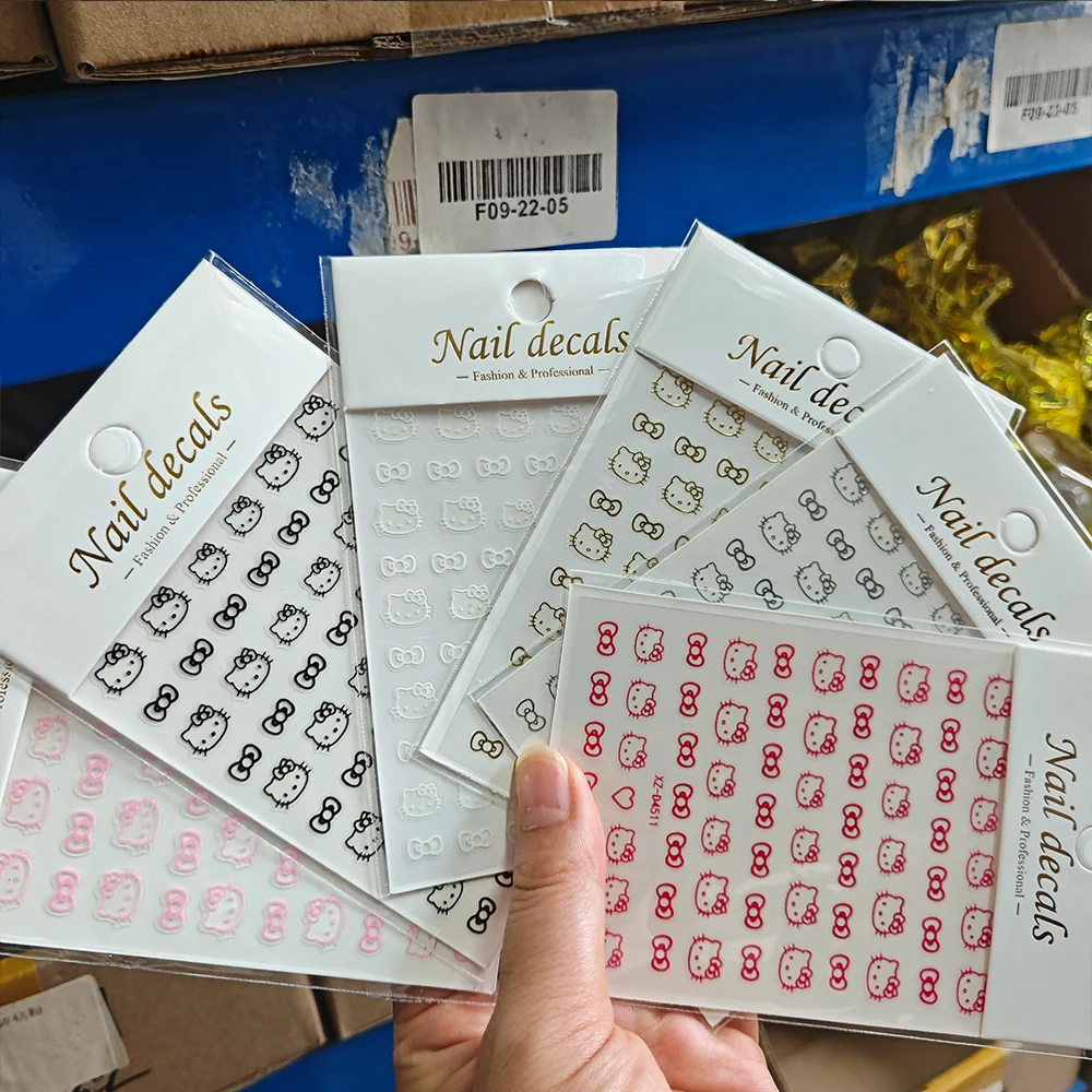 6 Stück 3D Hello Kitty Nail Art Aufkleber Rot/Rosa/Gold/Silber Schleife Kitty Katzenkopf selbstklebende Abziehbilder DIY Slider Maniküre Dekoration