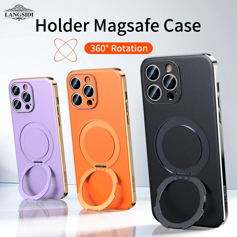 Magnetic Leather Holder Phone Case for Magsafe, Ring Plating Lens Protection, Back Cover, iPhone 15, 14, 12, 13 Pro Max, 15Pro