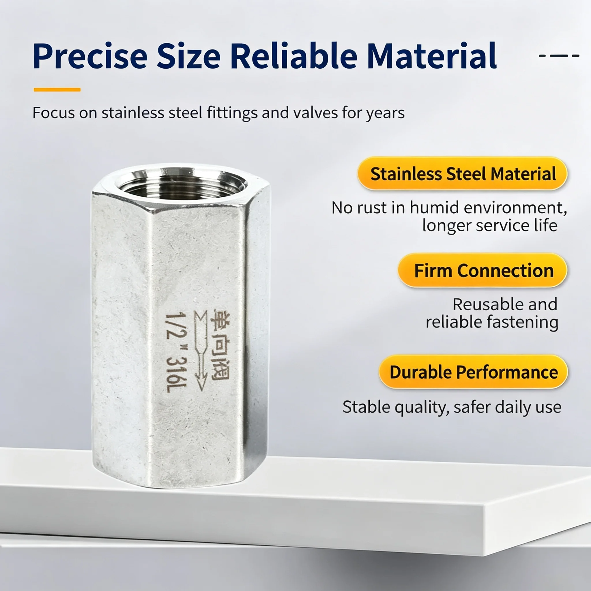 304/316 stainless steel male‑female thread check valve, hexagonal thread non‑return valve, high‑temperature gas and liquid flow