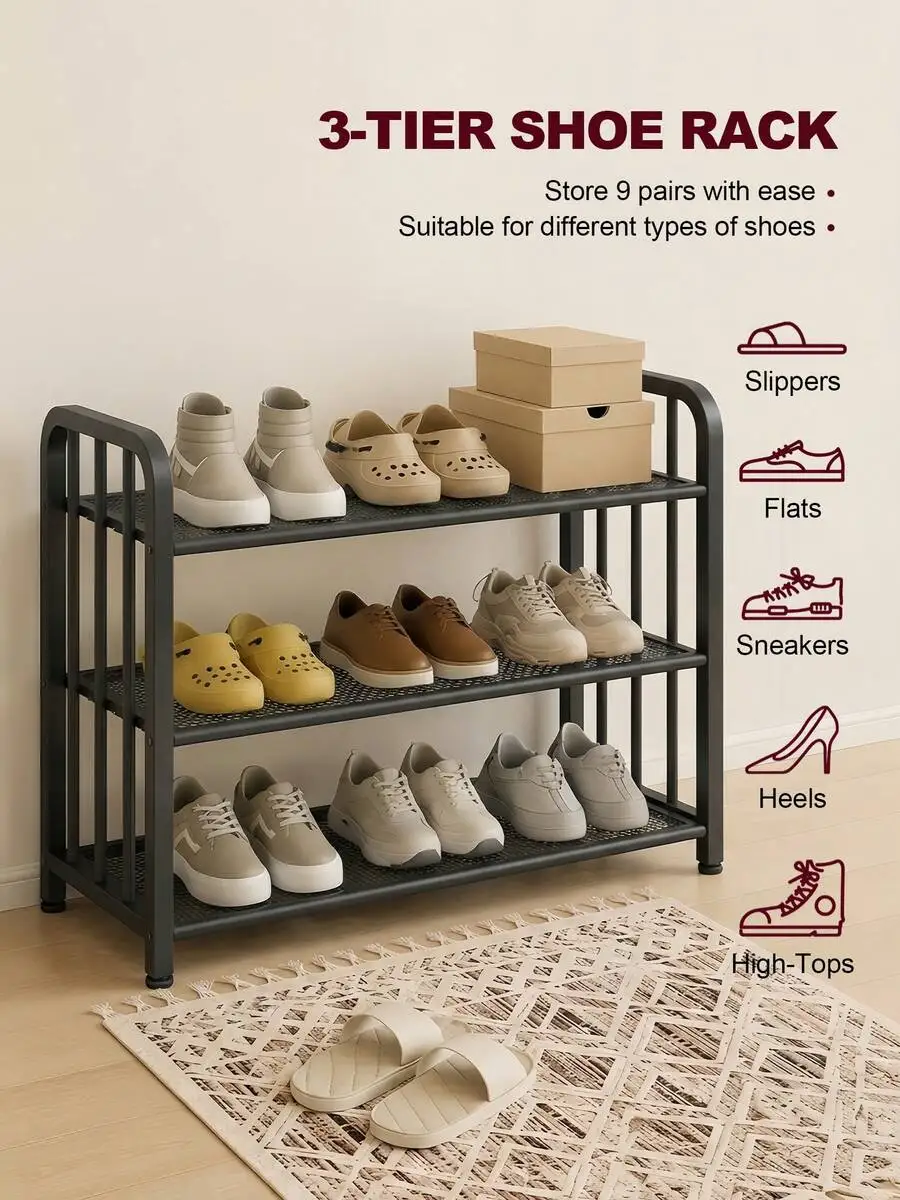 Free Standing Shoe Rack, 23.6' Wide - 3 Tiers, Sturdy Wire Grid Design, Stackable, Space-Saving, For Closet, Entryway, Living Ro