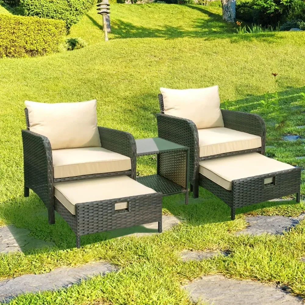 

Balcony Furniture 5 Piece Patio Conversation Set, Outdoor Lounge Chairs with Soft Cushions 2 Ottoman&Glass Table for Lawn