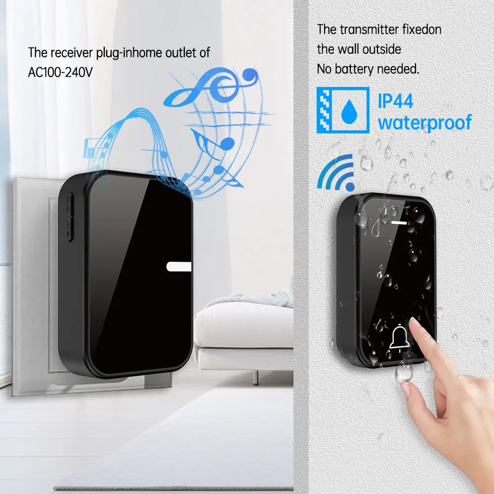 Campanello wireless certificato SIXWGH di nero Avviso impermeabile senza batteria per kit da 1 a 2 appartamenti, uffici e camere d'albergo