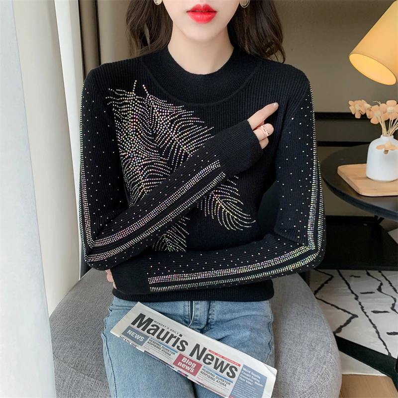 

2024 New Fall Winter European Clothes Knitted Sweater Fashion Sexy Shiny Diamonds Leaf Women's Long Sleeve Pullover Tops 311091