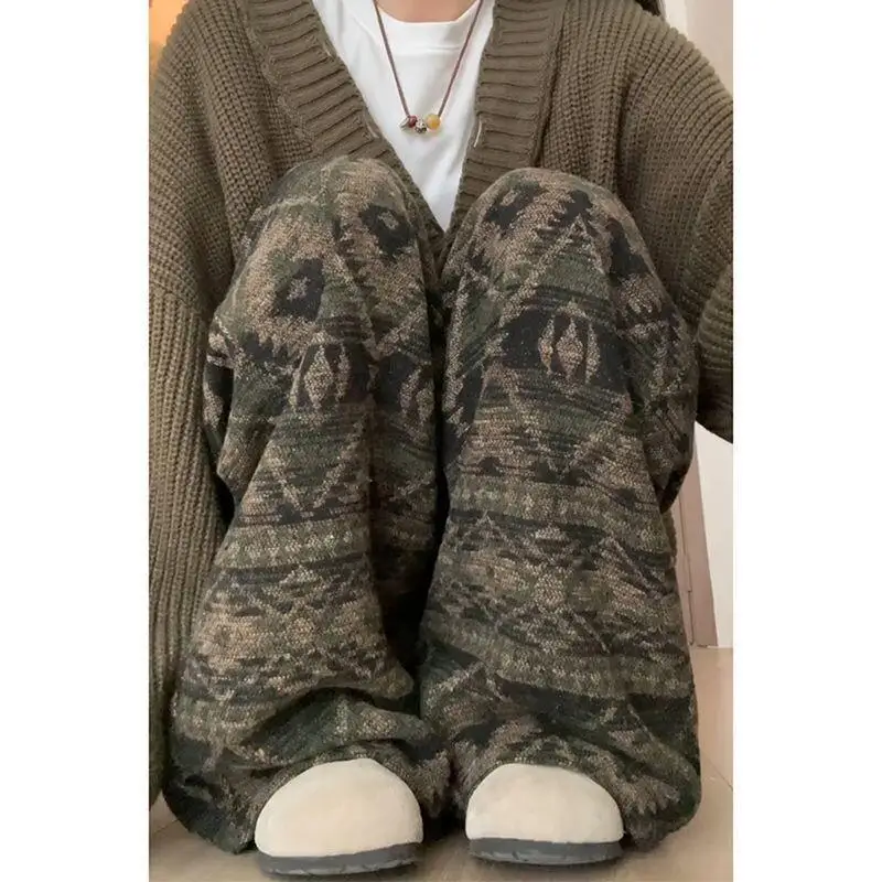 

Женские брюки в этническом стиле, зеленые широкие брюки в стиле ретро, осень-зима, новая модель с высокой талией, утепленная флисовая подкладка в китайском стиле