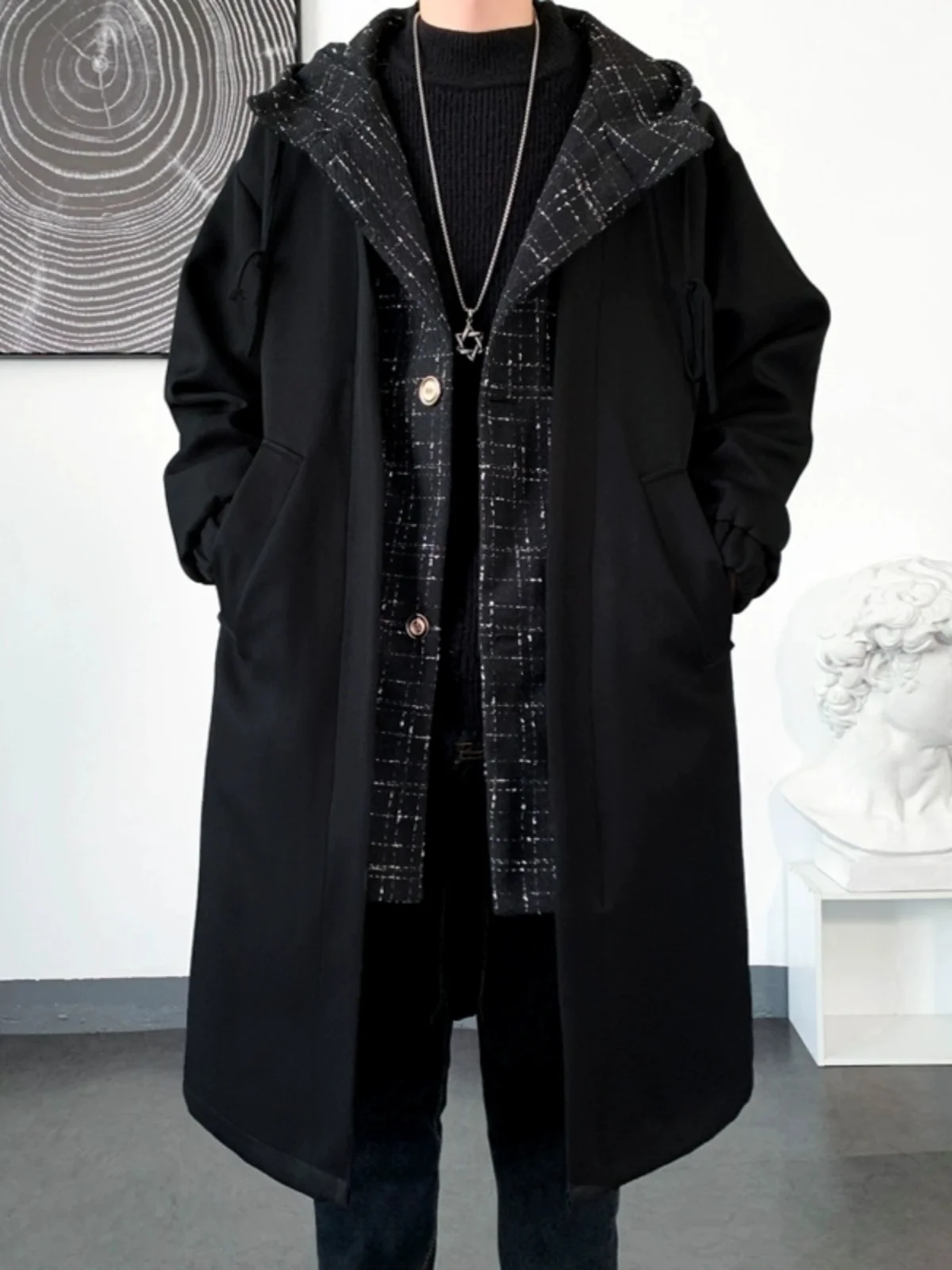 

Men's Mid-Length Woolen Coat with Hat Spring Autumn Korean Sle Faionable Double-breasted Button Decorated Long Coat