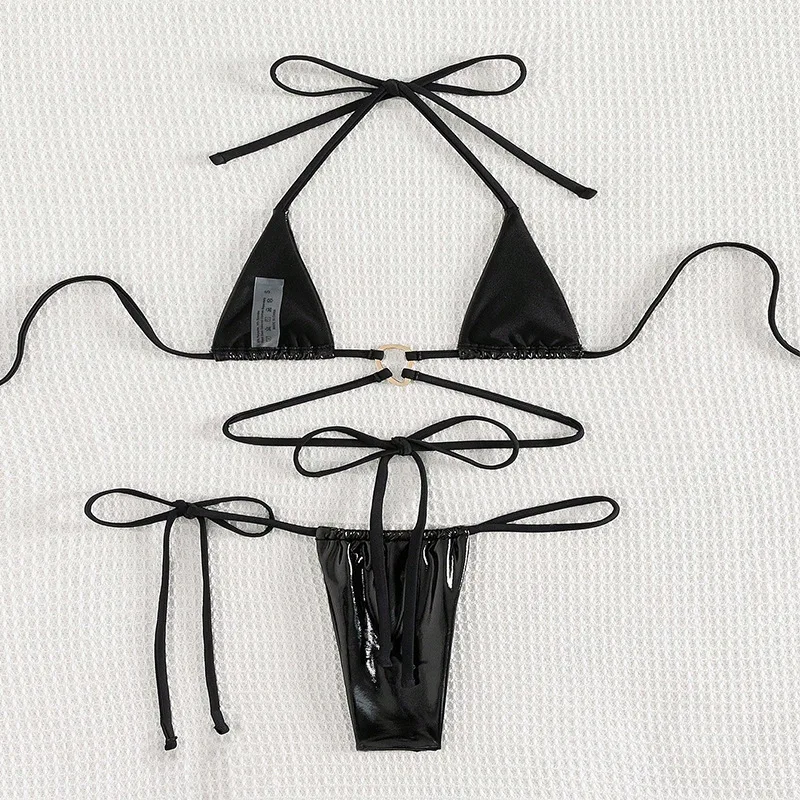 sexy metallic black halter string micro mini bikinis sets two piece backless swimwear swimsuit women biquini thong bathing suits