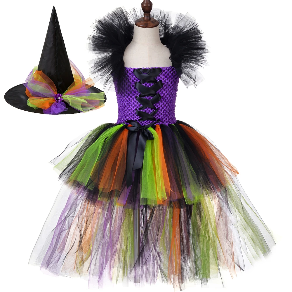 Halloween Witch Costumes for Girls High Low Long Tutu Dress for Kids New Year Carnival Party Fancy Outfit with Witch Hat Broom