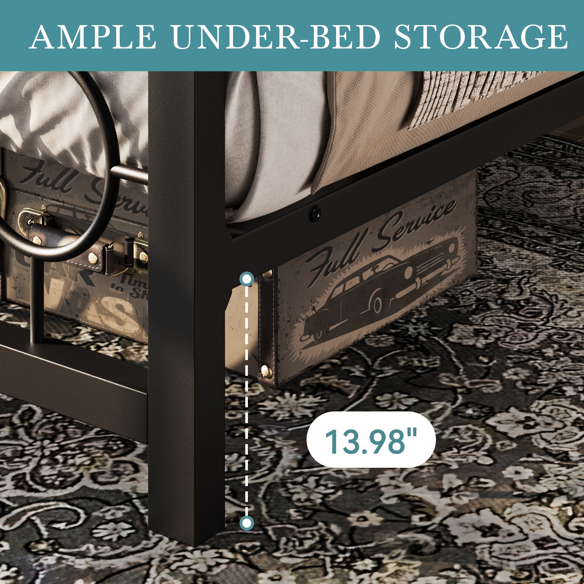 هيكل سرير بمنصة معدنية من HOOMIC مع لوح أمامي ولوح للقدمين بتصميم دائري عتيق، وحدة تخزين إضافية تحت السرير #5