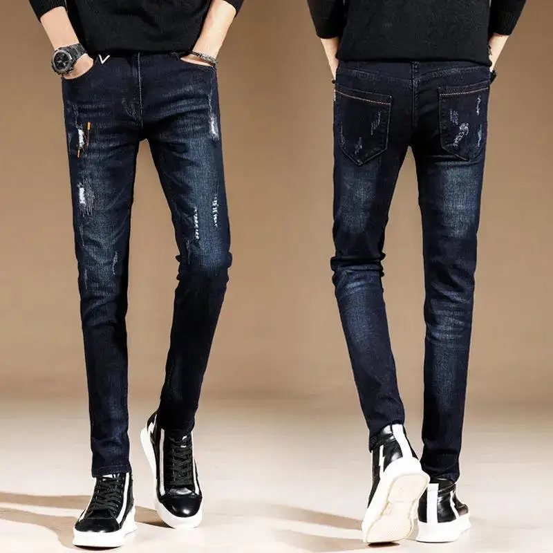 2023 New Korean Luxury Designer Snowflake Blue Jeans for Men Casual Spring Autumn Denim Cowboy Length Tight Skinny Denim JEANS