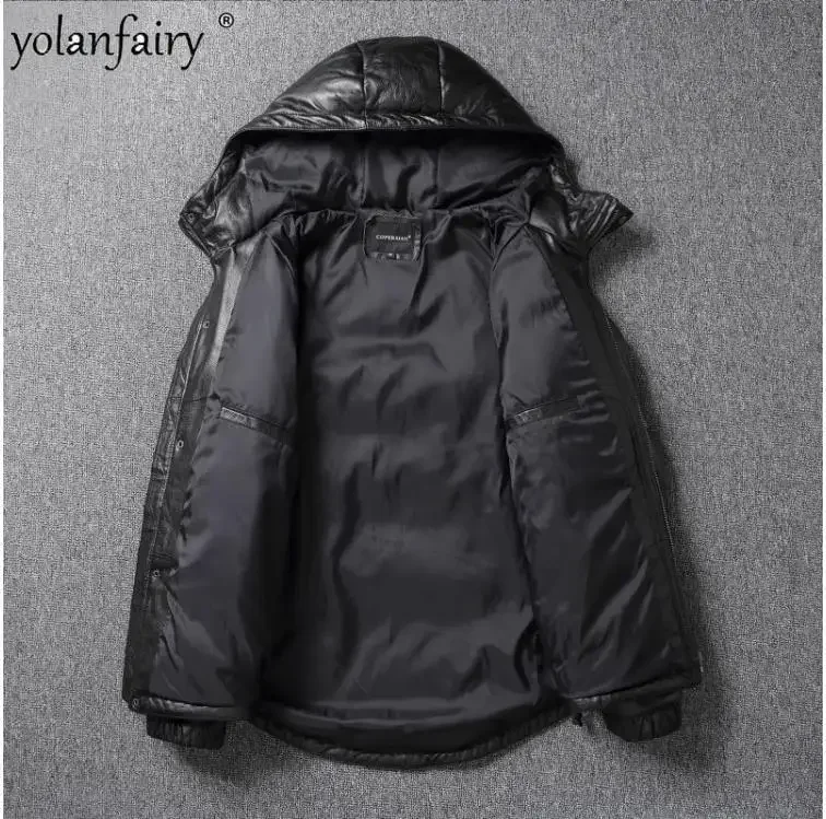 YOLANFAIRY Jaket Kulit Sapi Asli Alami Pria Mantel Kulit Bulu Angsa Hangat Pria Musim Dingin Kain Kulit Berkerudung Tebal Pria 5XL FCY4994