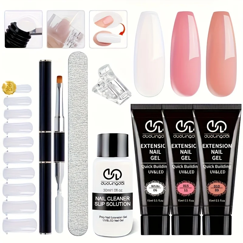 

Набор для наращивания ногтей полигелем, 3 цвета, с жидкостью-разбавителем, двойными формами для наращивания, топовым и базовым покрытием, профессиональный гель для наращивания и укрепления ногтей