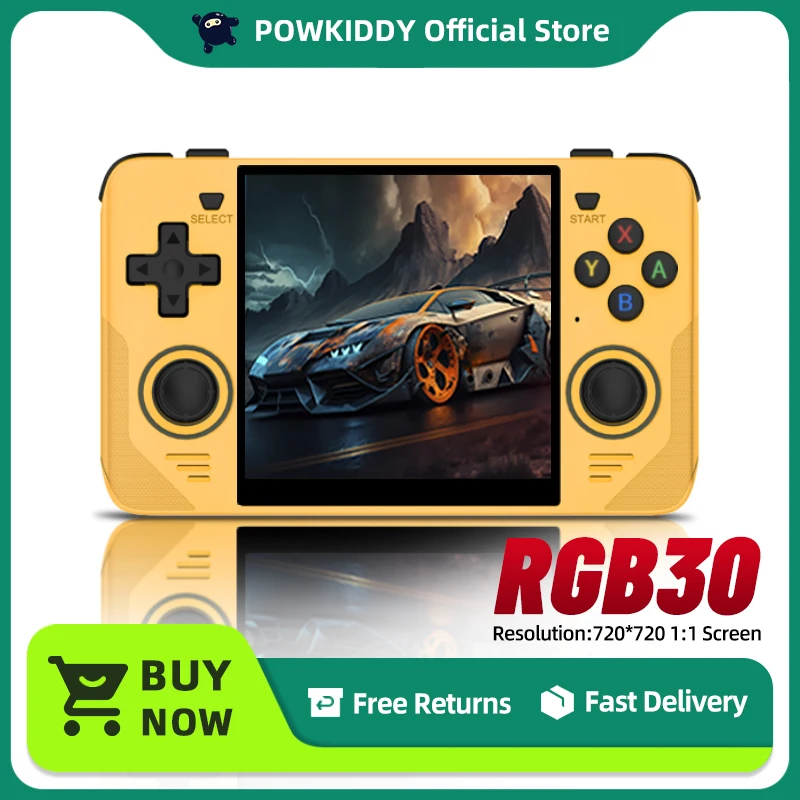 POWKIDDY RGB30 Yellow 720*720 4 Inch Ips Screen Built-in WIFI RK3566 Open-Source Retro Handheld Game Console Children's Gifts