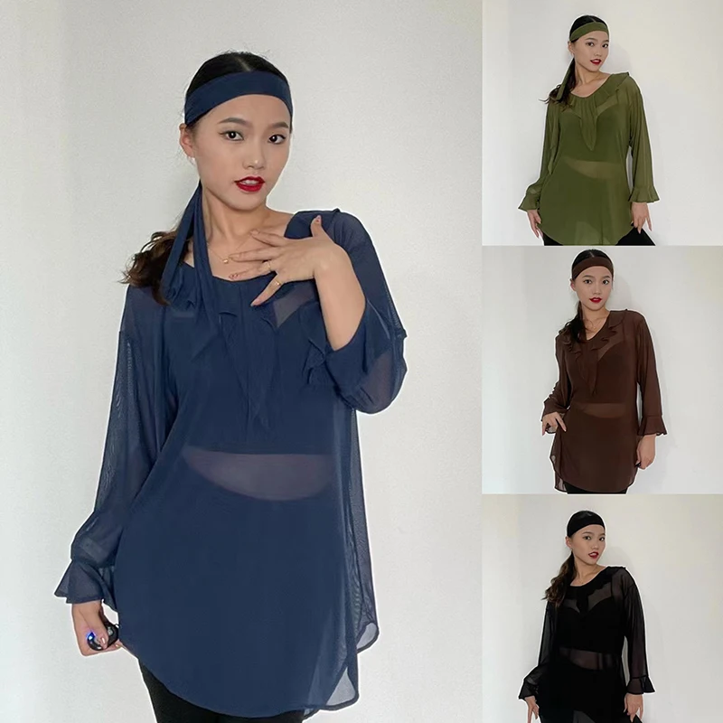 

New Latin Dance Dress For Women Long Sleeved Mesh Shirts Chacha Rumba Tango Dress Practice Clothes Female Latin Wear DQS14243