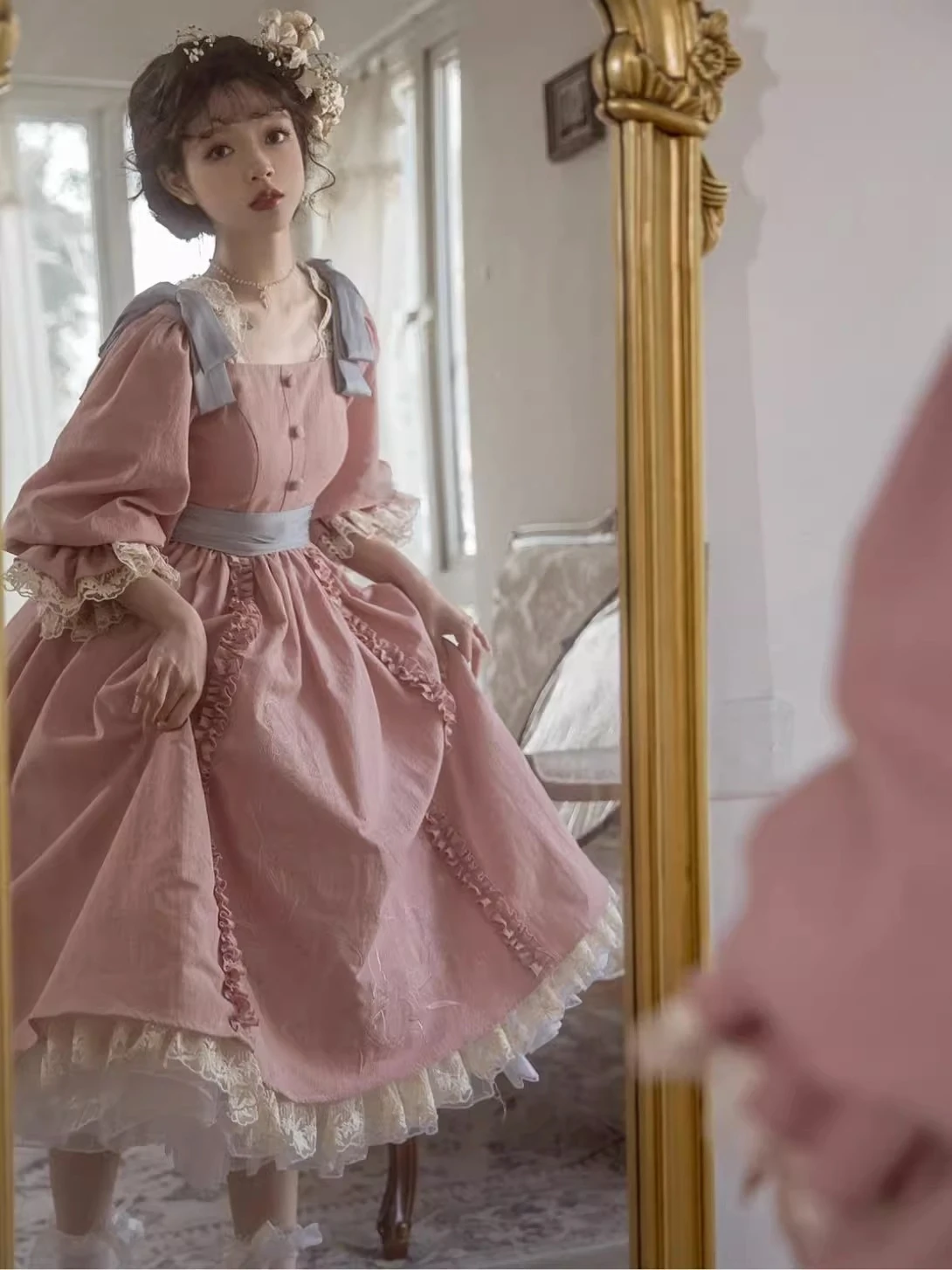 

Pink OP Court Style Vintage Lace Lolita Dress With Square Collar Gorgeous Elegant Dress Princess On The Run Dress