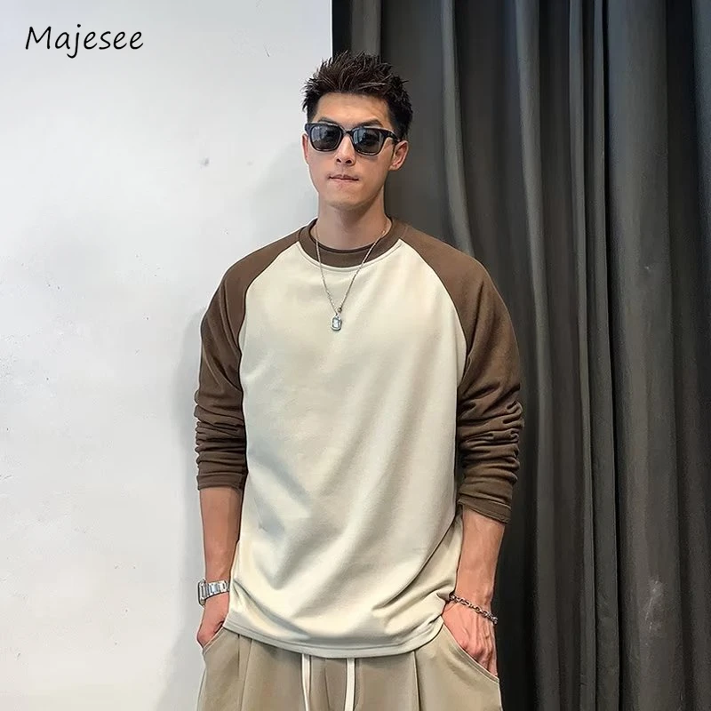 

Panelled Sweatshirts Men O-neck Solid European Style Long Sleeve Autumn Slouchy Baggy Leisure Minimalist Simple All-match Retro