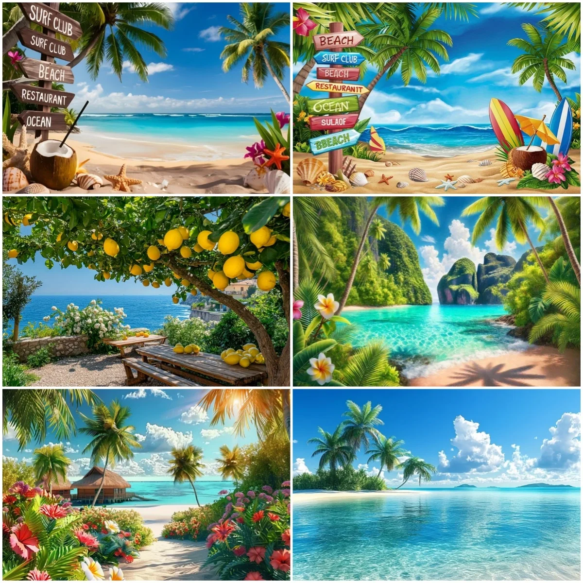 Summer Beach Background Hawaii Tropical Surfboard Palm Leaf Decoratio Banner Seaside With Palm Tree Photography Backdrop Studio