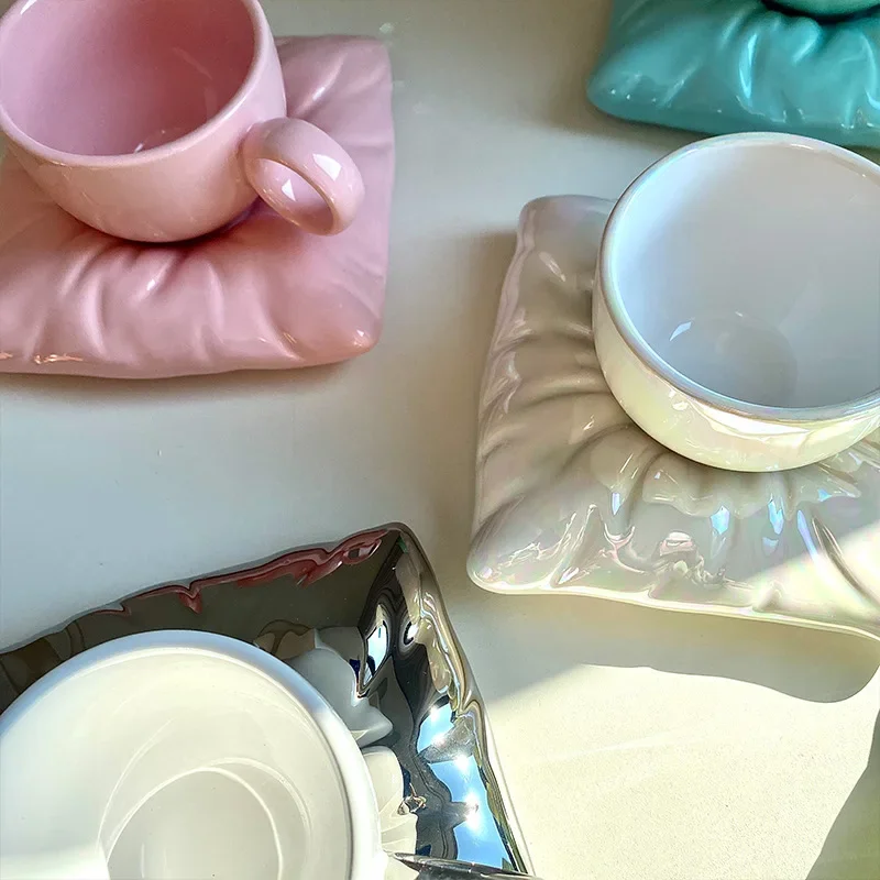 Ins Girl Heart Creative Solid Dazzle Color Milk Fat Pillow Shape Ceramic Coffee Cup Dish Set Makaron Afternoon Tea Cup Dish