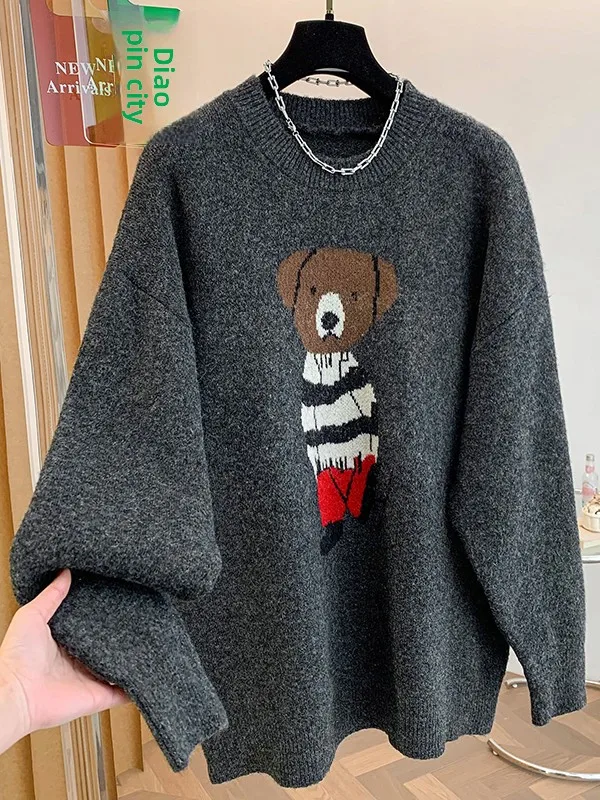 

Ay круглый свитер с мультяшным медведем, женский осенне-зимний теплый свободный вязаный топ Lazy Sle