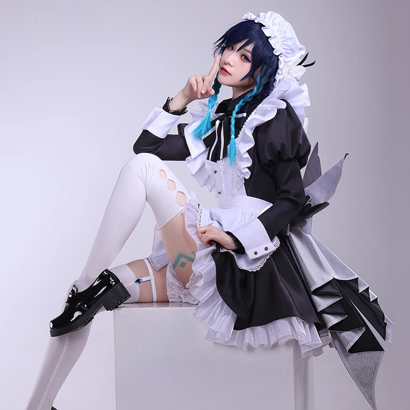 The Venti Cosplay Genshin Impact White black cute maid Costume Women Classic Bow maid Uniform