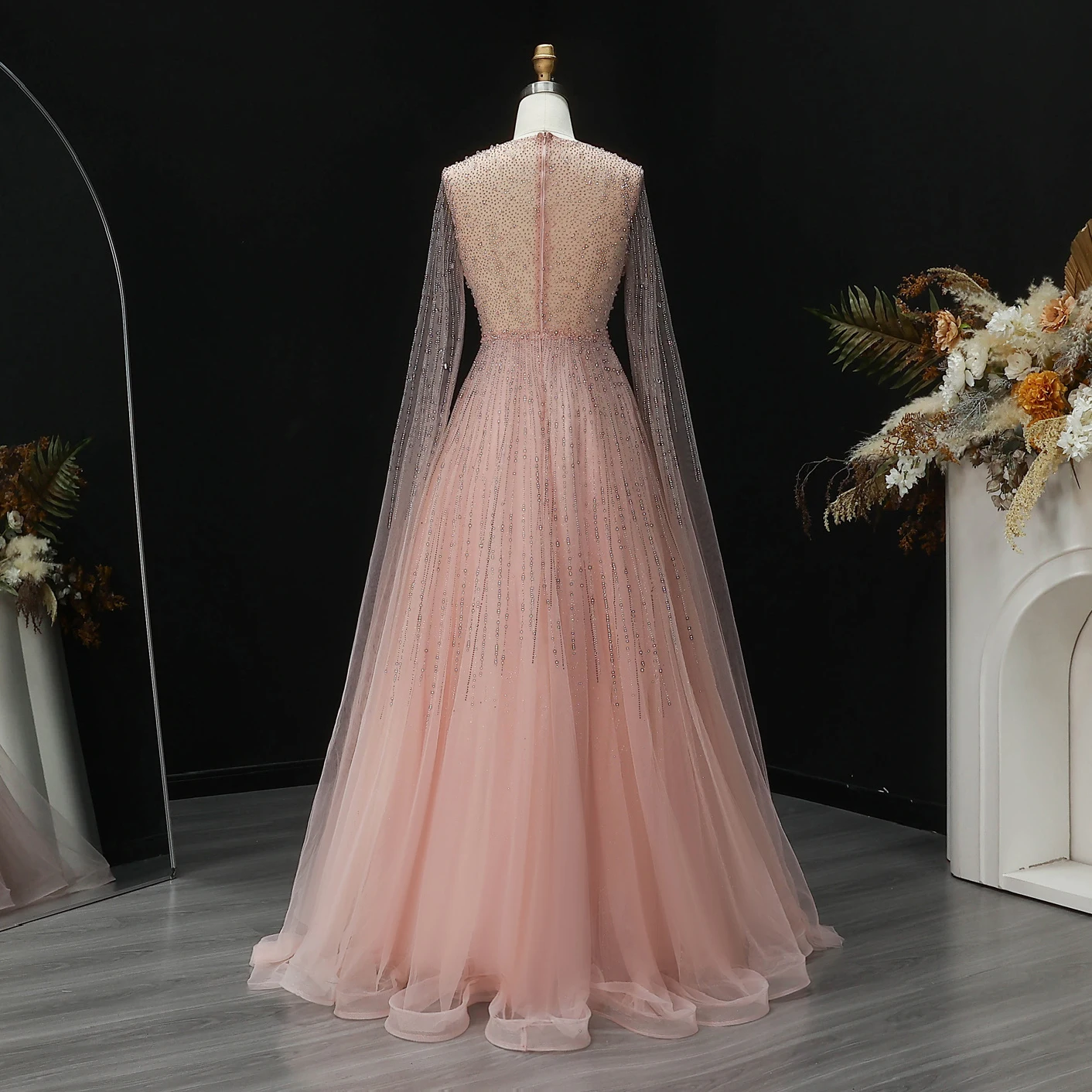 Sharon Said Luxuriöse Dubai Perlen-Kristall-Tüll-Abendkleider Elegante Cape-Ärmel Formelle Ballkleider SS054 Maßanfertigung – Detail 14