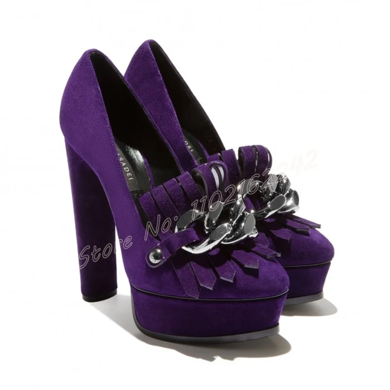

Осенние фиолетовые замшевые туфли на высоком каблуке для женщин, дизайн с цепочкой, туфли на платформе на массивном каблуке, модные простые вечерние модельные туфли-лодочки-гладиаторы