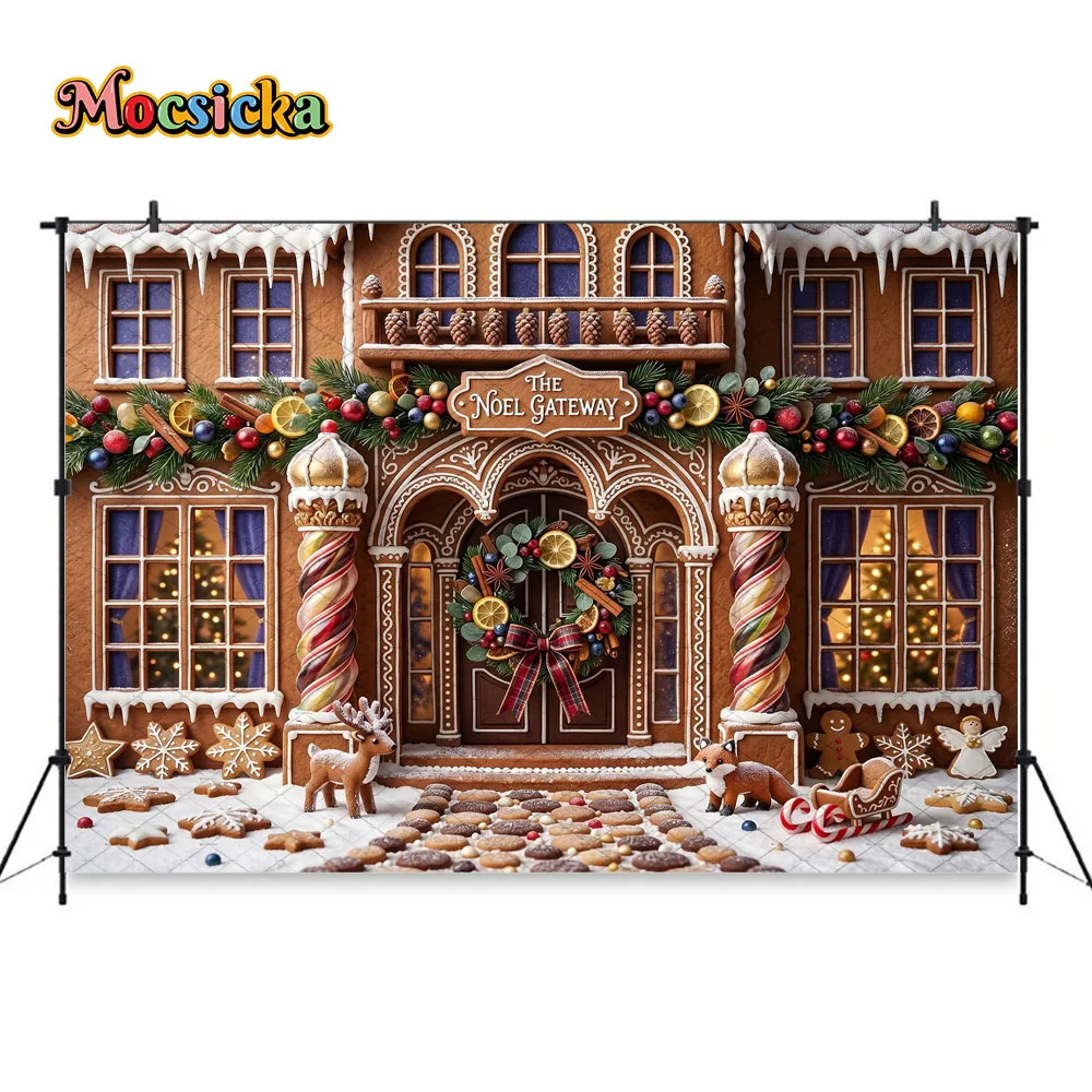 Mocsicka Christmas Gingerbread House Backdrop Photography Festive Candy Cane Cookie House Background for Kid Holiday Party Photo