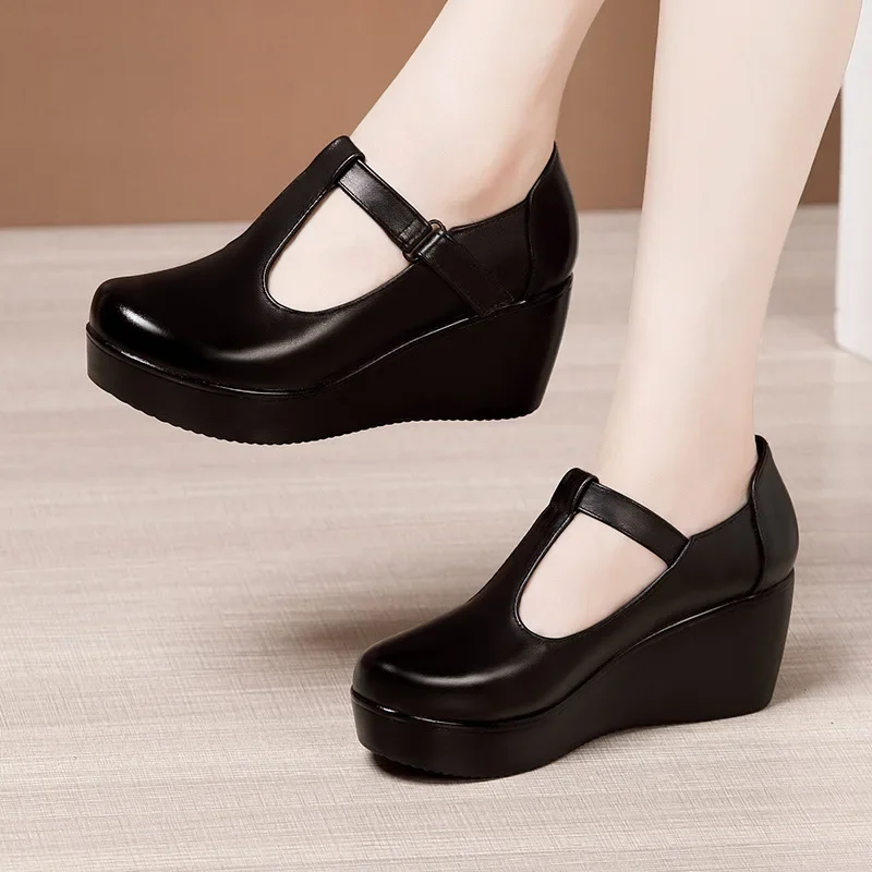 6cm Small Size 32-43 T Strap Shallow Mary Janes Women\'s Platform Pumps 2024 Fall Med Heels Wedges Shoes for Office Mom Dance