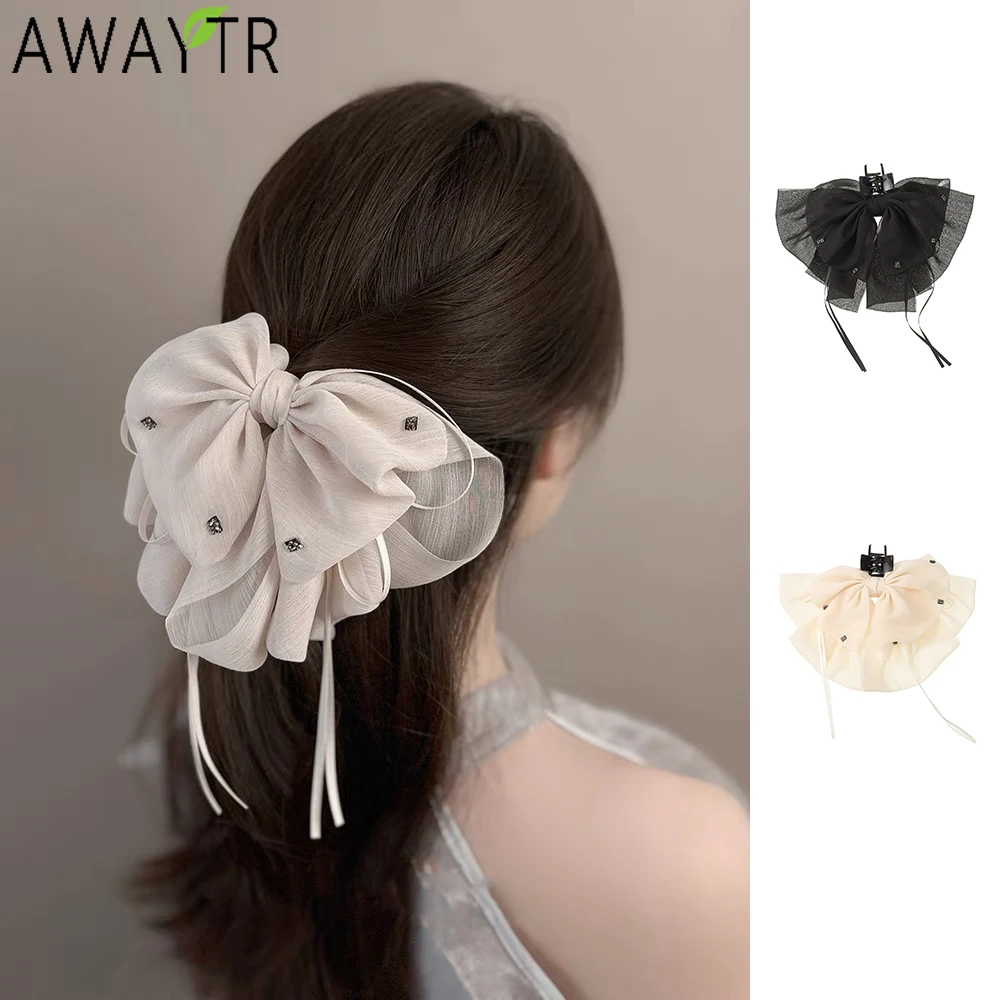 AWAYTR Beige Chiffon Bowknot Hair Claws Farbic Hair Clips Crab For Women Girl Gift Hair Accessories Valentine Headwear