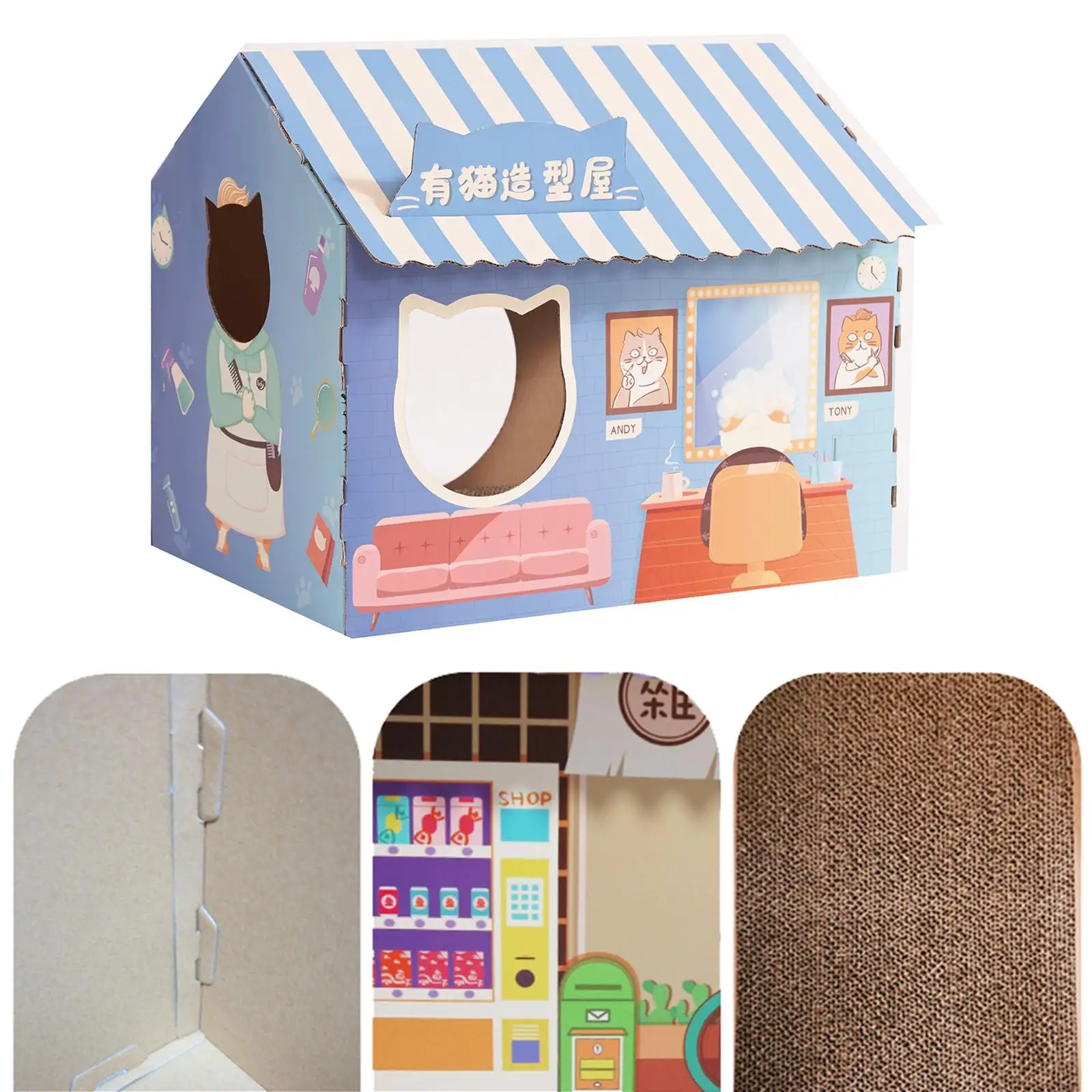 Corrugated Cardboard Cat House with Scratching Pad Windows for Kittens