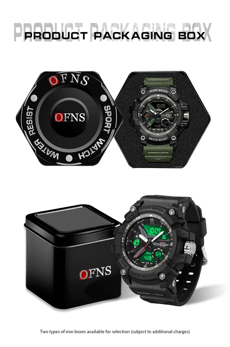 OFNS-Relógio de quartzo impermeável militar masculino, Top 3179, Dual Screen, Luminoso, 50m, Militar, Desportivo, Masculino