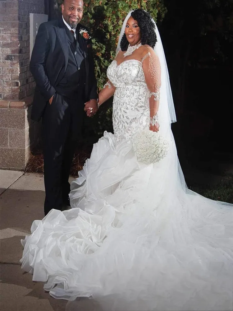 Personalizado alta pescoço brilhante contas rendas sereia vestido de casamento robe mariée mangas compridas em cascata babados espartilho volta vestido de noiva