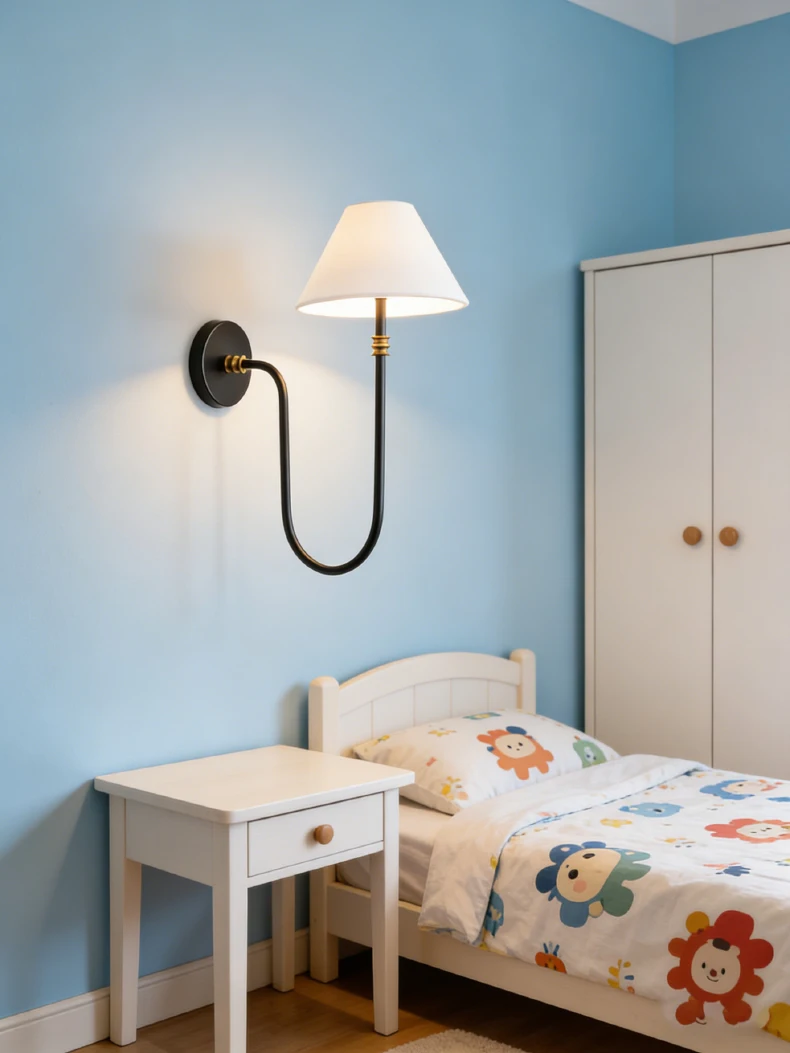 American White Cloth Lampshade Black Metal Sconce E14 Bulb