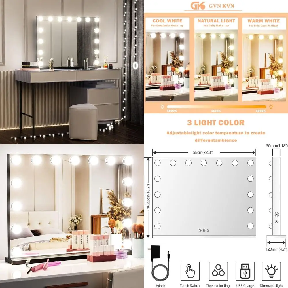 مرآة زينة مضيئة مع 15 مصباح LED، تكبير 10X، شحن USB، 3 خيارات ألوان، إطار معدني #1