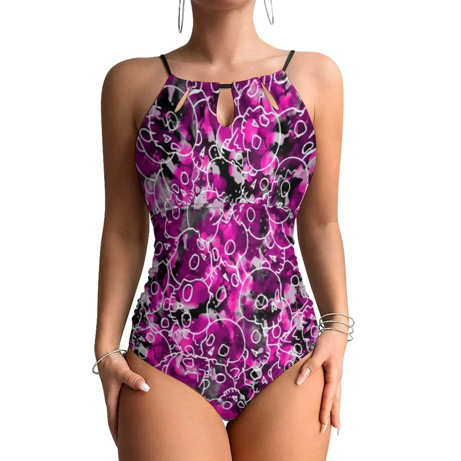 Pretty Skulls Camo Swimsuit Sexy Abstract Print One-Piece Swimwear Push Up Bodysuit Sweet Holiday Rave Beachwear