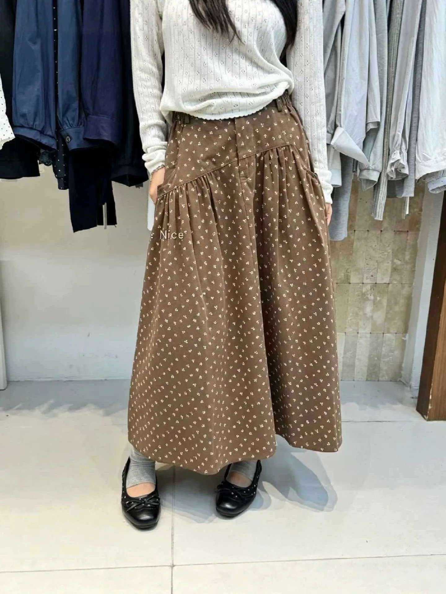 Mori Girl Navy Small Floral Maxi Skirt For Women High Waist Ruched A-line Long Flared Skirt Vintage Art Preppy Casual Loose Skir