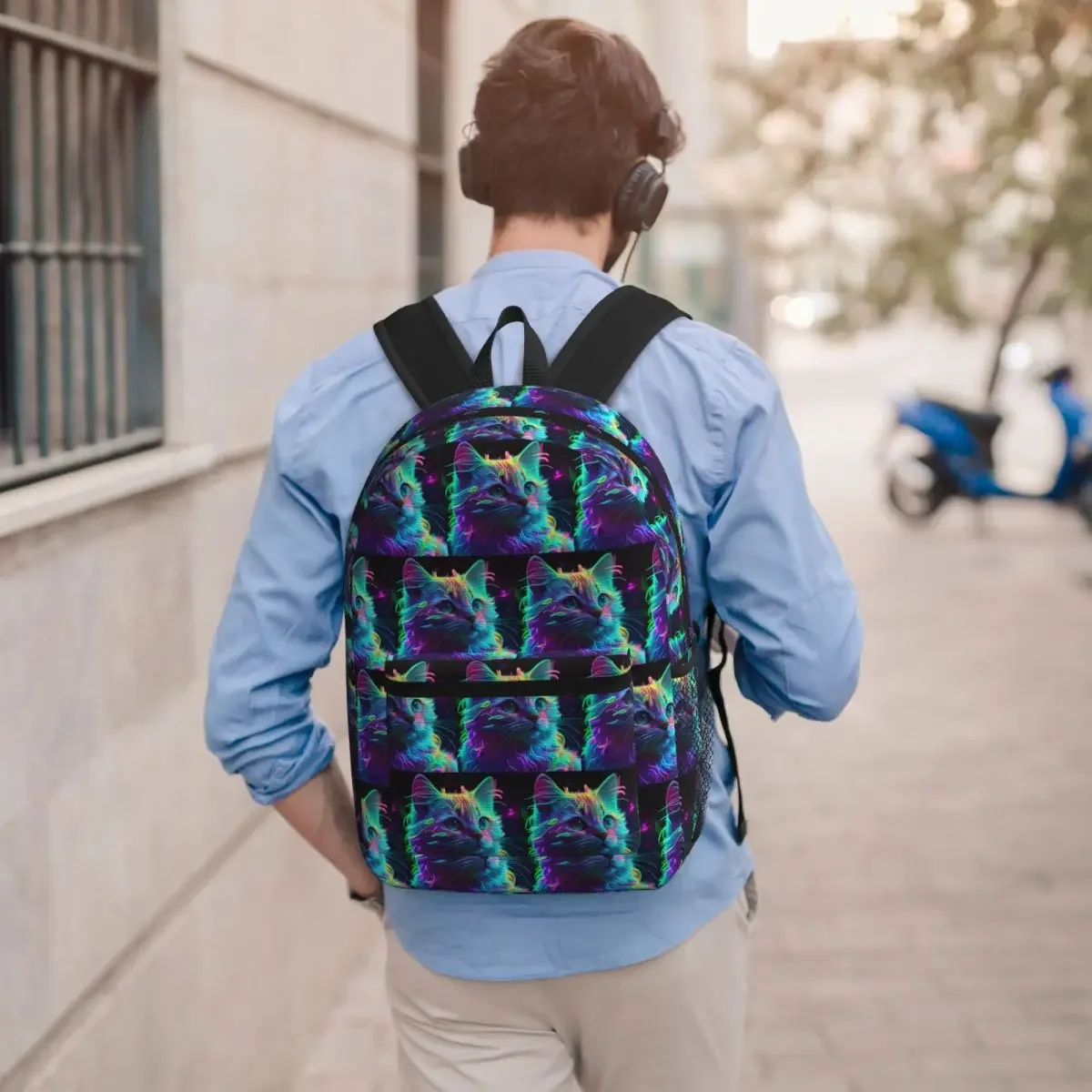 Neon Glowing Rainbow Cat Kitten Student Backpack School Bag Hiking Travel Daypack for Boys Girls Bookbag Shoulder Bags