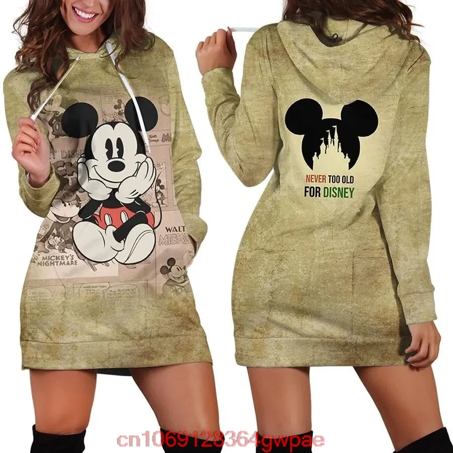 2024 Disney New Mickey Mouse Hoodie Dress Sweater Fashion Disney Dress Sweatshirt Dress 3d Allover Printed Hoodie for Women