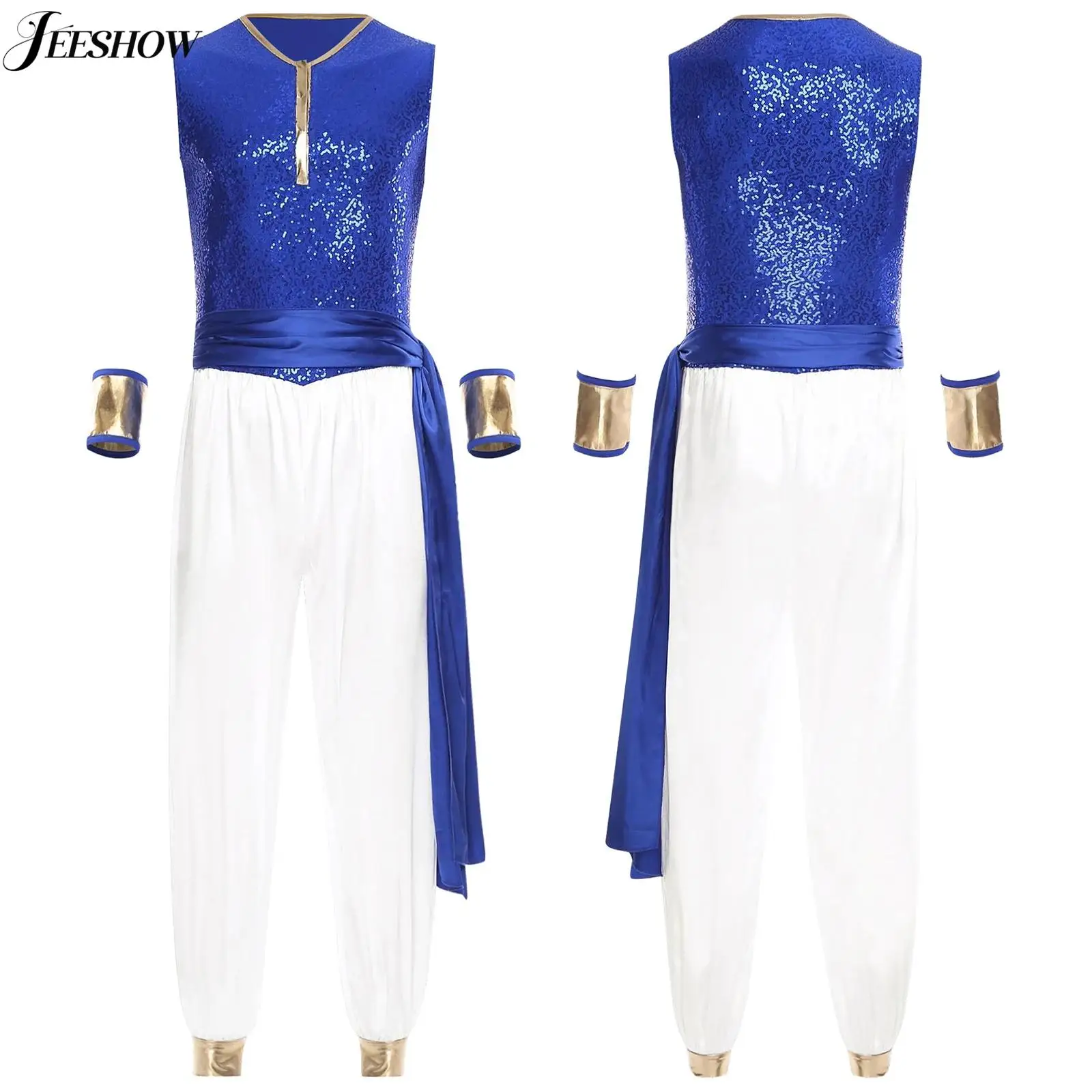 

Mens Arabian Prince Costume Shiny Sequins Patchwork Sleeveless Harem Pants Jumpsuit with Waist Belt Street Rat Fancy Dress Up