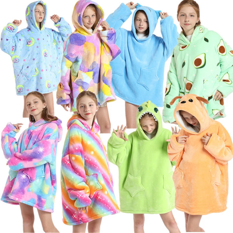 Kids Oversized Blanket Hoodie Winter Sweatshirt Hooded Panda Cat Avocado Sweatshirt Boys Girls Baby Hoodies Super Warm Clothes