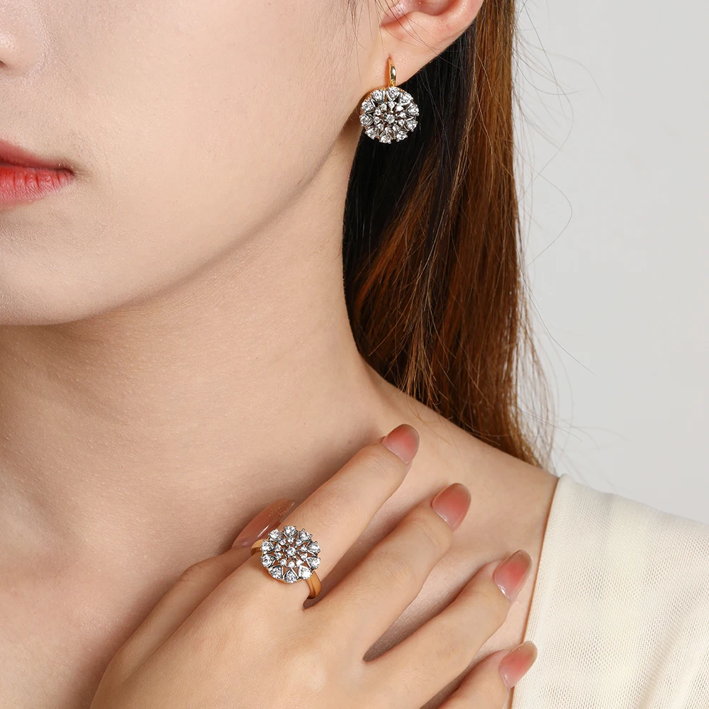 Crystal inlaid embedded vermiculite design earrings ring jewelry set copper plated 14K gold exquisite fashion gift