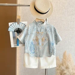 2024 Summer Traditional Chinese Blue Bamboo Printed Short Sleeved Tang Suit Suit Shirt Pants for Boys Girls Fashionable Wear