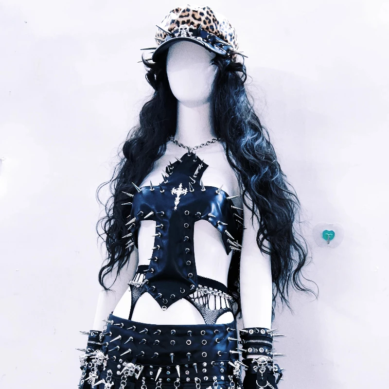 Original Design Punk Dark Female Vest 2025 Autumn New Gothic Heavy Metal Rock Stage Performance Outfit Short Skirt Set Ladies