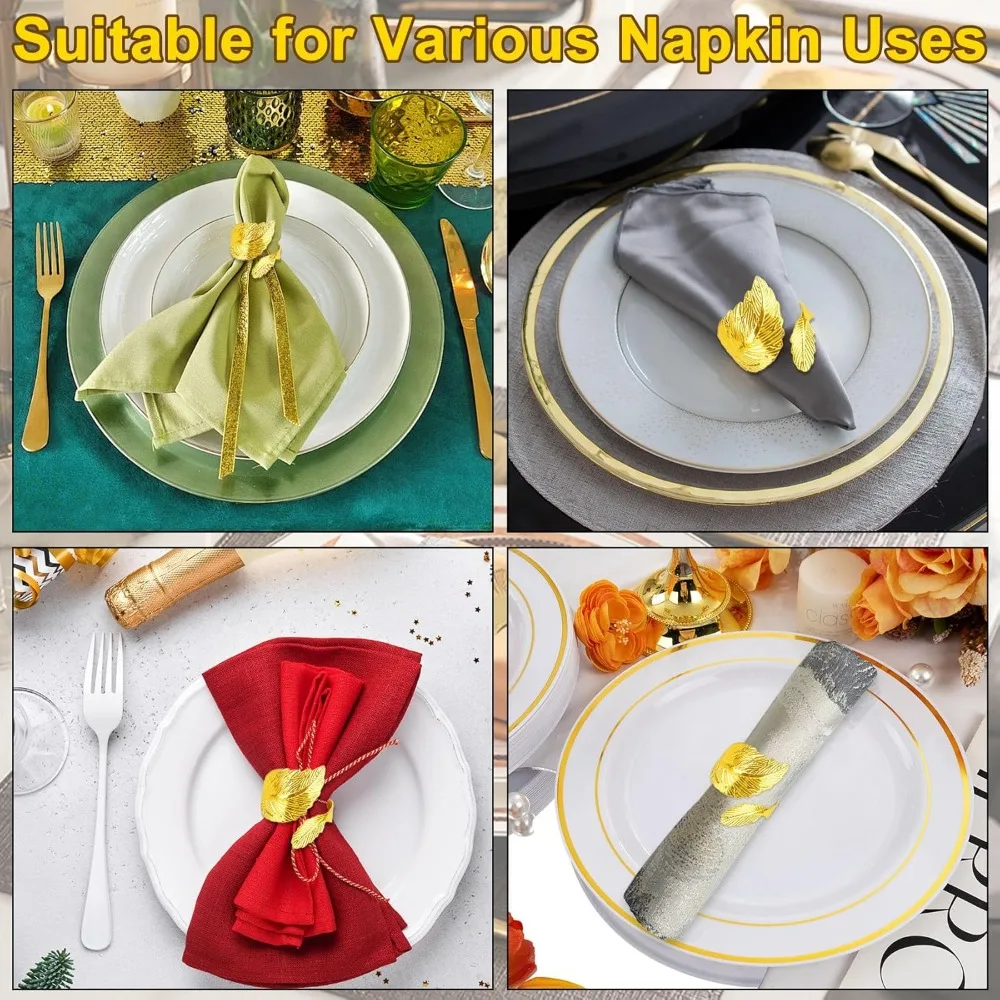 Gold Napkin Rings, Napkin Rings Set of 12, Thanksgiving Fall Napkins Ring, Elegant Leaf Design Metal Napkins Holder for Table Se